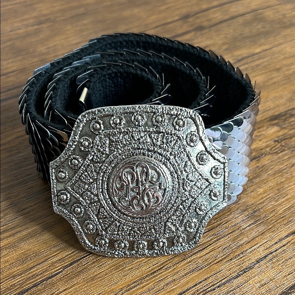 Vintage Silver and Black Sequin Belt with Ornate Buckle